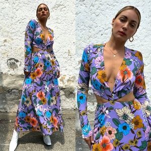 NEW AFRM Retro PURPLE Assi FLORAL Cutout Detail OPEN BACK Long Slv MAXI DRESS S